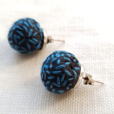 STERLING SILVER EAR STUDS IN BLACK SILK WITH BLUE EMBROIDERY