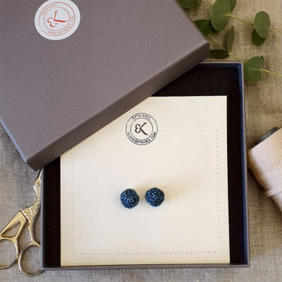 STERLING SILVER EAR STUDS IN BLACK SILK WITH BLUE EMBROIDERY - Image 2